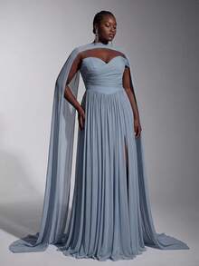Elitara Plus Size Fashion Elegant Dusty Blue Strapless Pleated A-Line Dress With Detachable Long Shawl For Bridesmaid Party Evening Formal Wedding Winter - Baby Blue - View 7