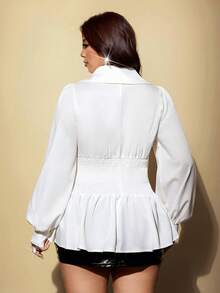 Viva Relle Plus Size Women French Sweet Cool Style Shirred Waist Lapel Collar Ruffle Trim White Double Breasted Long Sleeve Blouse Autumn Brunch Office - White - View 4