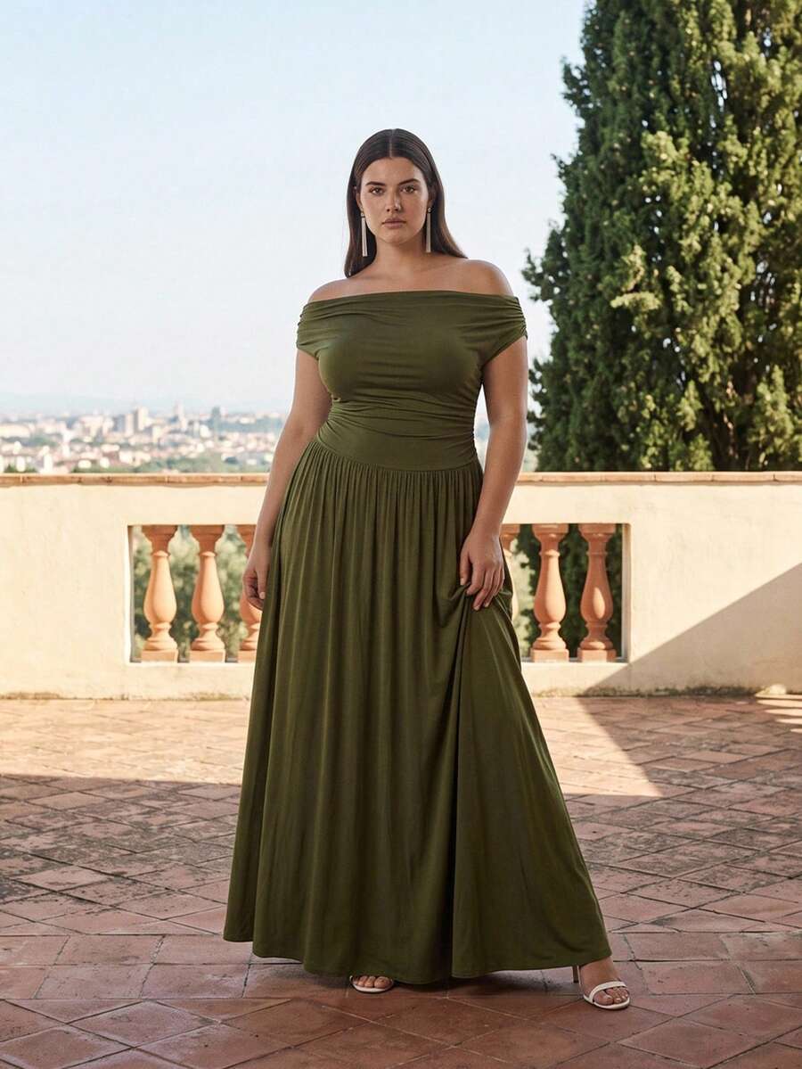SHEIN Tall CURVE 大码女式优雅百搭弹力面料黑色连衣裙,适合日常穿着、派对、露肩等场合,适合大码女性,A字型长裙 - 軍綠色 - 查看 1