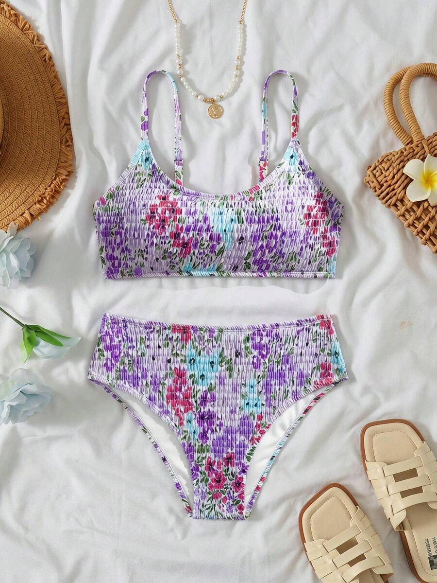 SHEIN Teen Girl Floral Print Bikini Set, Holiday Style, Random Print - Purple - View 1