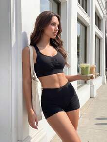 Gameset SHEIN Sport 女款素色無縫可調式肩帶運動內衣 - 黑色 - 查看 7