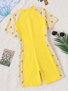 Tween Girl Patchwork Striped Raglan Sleeve One-Piece Swimsuit Yellow Short Sleeve Swimwear Sun Protection Conservative Cute Style Bowknot Beach Summer - Yellow - View 2