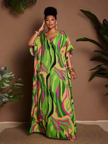 Maweii Plus Size Women's Loose Casual Vacation Sexy Vacation Print Short Sleeve Long Plus Size Dress - Multicolor - View 3