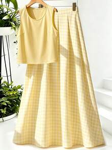 Rometta Plus Size Women's Casual Commute Solid Color Round Neck Tank Top And Plaid A-Line Pleated Skirt 2-Piece Set, Suitable For Summer, Back To School, Vacation, Graduation, Holiday, Valentine's Day, Christmas, Music Festival, Mother's Day, Halloween, Thanksgiving, Easter, National Day, Prom, Birthday, Date Party, Wedding Season, Outing And More - Yellow - View 4