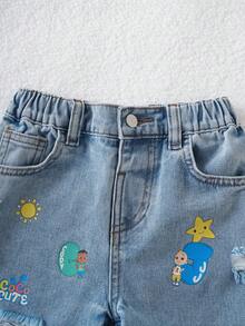 CoComelon X SHEIN Young Boy's Casual Cartoon Print Distressed Denim Shorts, Summer - Blue - View 3