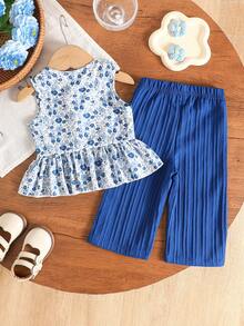 SHEIN Vintaside Kids 2件組女嬰幼兒/新生兒 0-3歲 春夏休閒甜美日常度假條紋梭織無袖背心上衣＋寬腿褲兩件套 - 藍色 - 查看 2