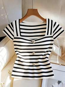 GlowEve Women's French Minimalist Fitted Striped Knit Casual Short Sleeve T-Shirts, Spring/Summer, Loose Fit - Black and White - View 1