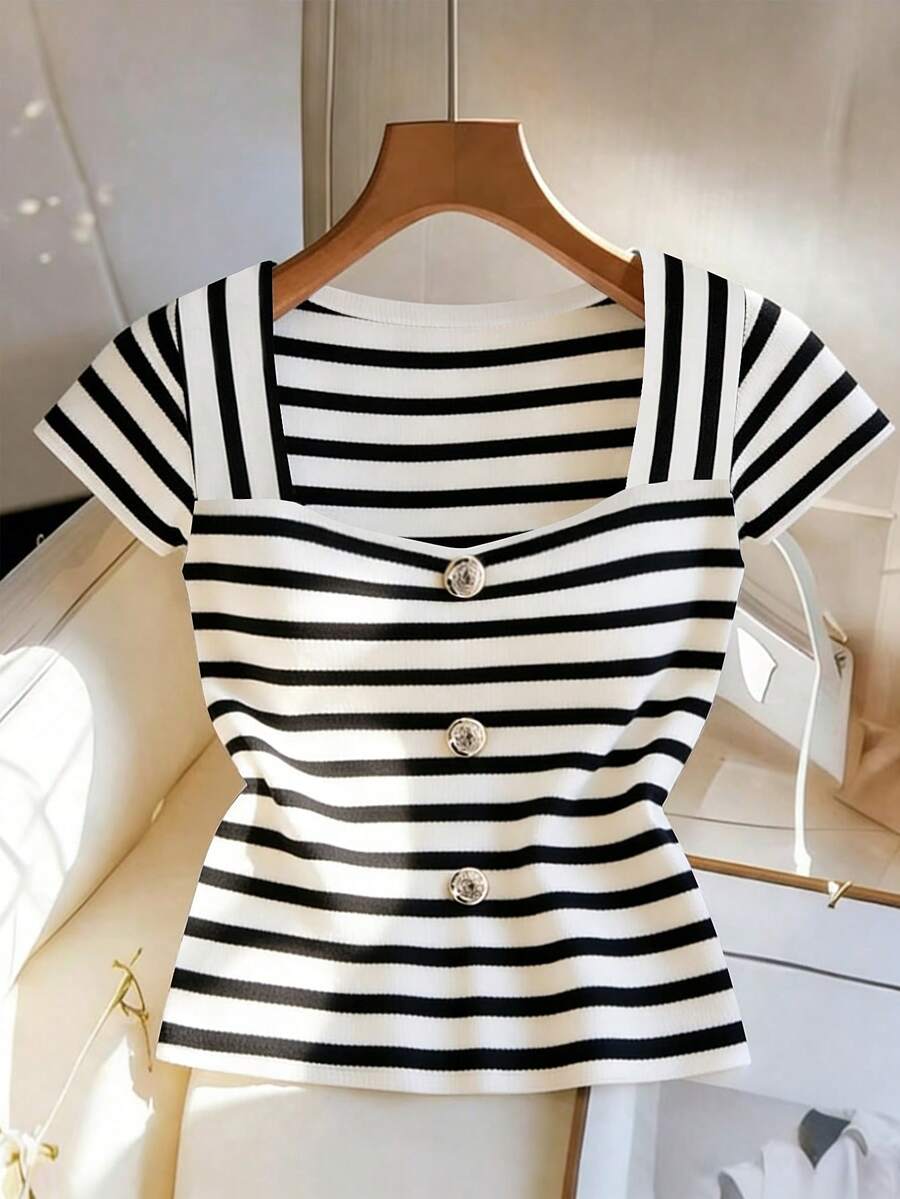 GlowEve Women's French Minimalist Fitted Striped Knit Casual Short Sleeve T-Shirts, Spring/Summer, Loose Fit - Black and White - View 1