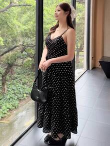 Bijouette 大尺碼女款波點簡約可愛甜美風休閒優雅度假細肩帶洋裝，適合約會與約會之夜，滿版黑白配色夏季款 - 黑與白 - 查看 8