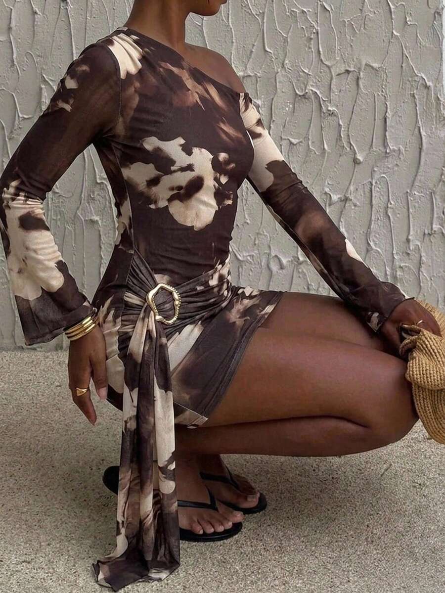 Siren Gaze Women's Floral Print Asymmetric Neck Long Sleeve Ruched Fitted Mini Dress - Brown - View 1