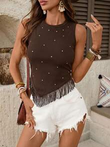 Wildy Atasan Crop Top Berumbai Hitam Berhiaskan Stud untuk Festival Musik Barat Musim Panas Gaya BOHO, Pesta Dansa Musim Panas Eropa untuk Liburan, Atasan Musim Panas - Coklat - View 6