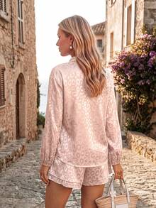 Sylviya Casual Tropical European Women's Leopard Print Long Sleeve Top And Shorts 2 Pieces Set For Autumn/Winter Vacation Brunch Vacation Pink Leopard Print - Pink - View 2