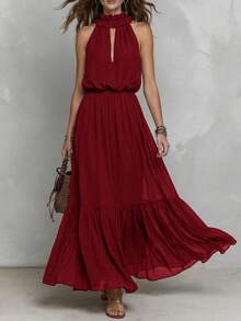 Solivie Damen Sommer Romantisch Boho Elegant Kleid Für Urlaub Brunch Burgunderrot - Bordeaux - Übersicht 5