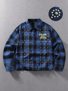 ROMWE MEN Men's All-Season Rhinestone Plaid Long Sleeve Shirt - Blue - View 1