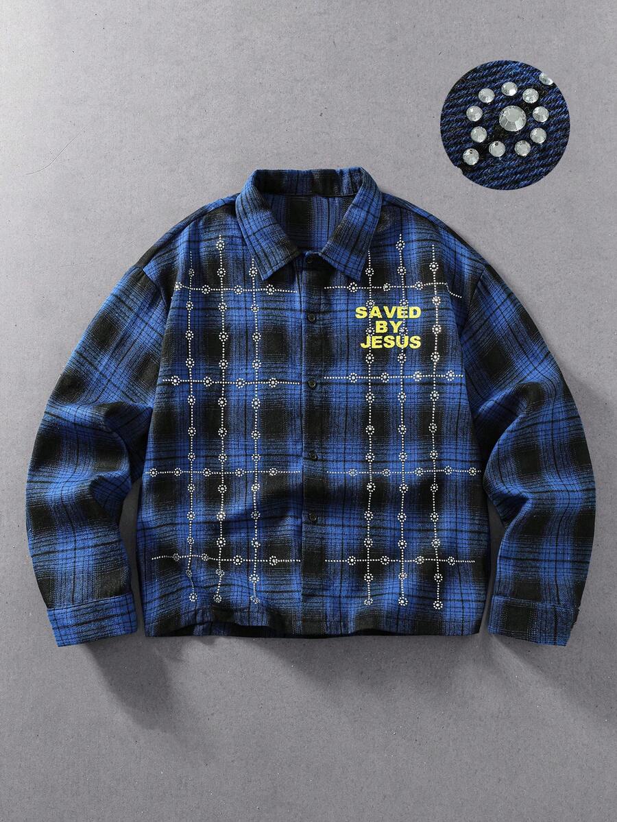 ROMWE MEN Men's All-Season Rhinestone Plaid Long Sleeve Shirt - Blue - View 1