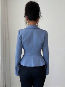 Elenzga 春秋新款牛仔蓝色亚麻衬衫，翻领，金属纽扣，休闲通勤设计，收腰，修身长袖女衬衫 - 中等水洗藍 - 查看 5