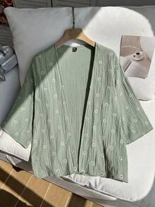 Comfortcana Plus Size Women's Floral Embroidered Pattern Casual Daily Long Sleeve Cardigan - Green - View 3