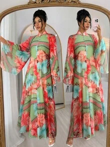 Rafferiza 女款阿拉伯風紗麗印花幾何水波紋雪紡寬鬆小立領喇叭袖波希米亞連身裙 秋季 - 彩色 - 查看 5