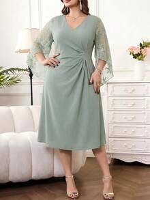 Reflora Plus Size Elegant Party Solid Color Lace Patchwork Dress Fall - Green - View 6