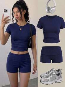 Setelan Sweater Pullover Leher Bulat Rajut Warna Biru Polos Kasual untuk Remaja Perempuan + Celana Pendek Biru, Gaya Dasar, Kasual & Sporty, Musim Panas - Navy Blue - View 1