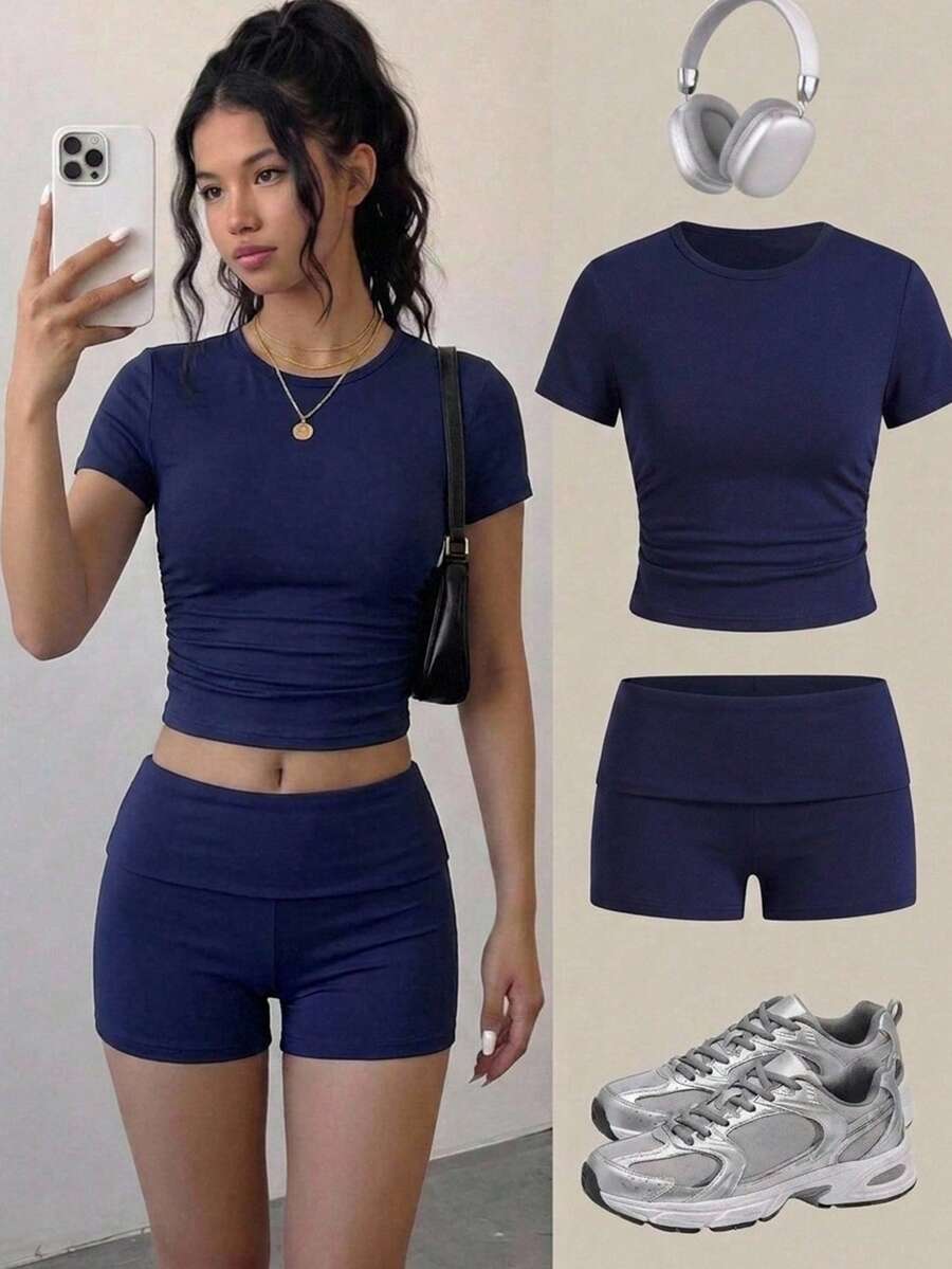 Setelan Sweater Pullover Leher Bulat Rajut Warna Biru Polos Kasual untuk Remaja Perempuan + Celana Pendek Biru, Gaya Dasar, Kasual & Sporty, Musim Panas - Navy Blue - View 1