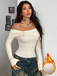 Coolane 女士秋季街头服饰外出派对乡村音乐会复古 Y2K 弹力露肩毛衣 - 米色 - 查看 3