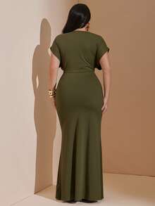 SHEIN BAE CURVE Plus Size Women's Green Pleated Fitted Elegant Long Dress - Army Green - View 2