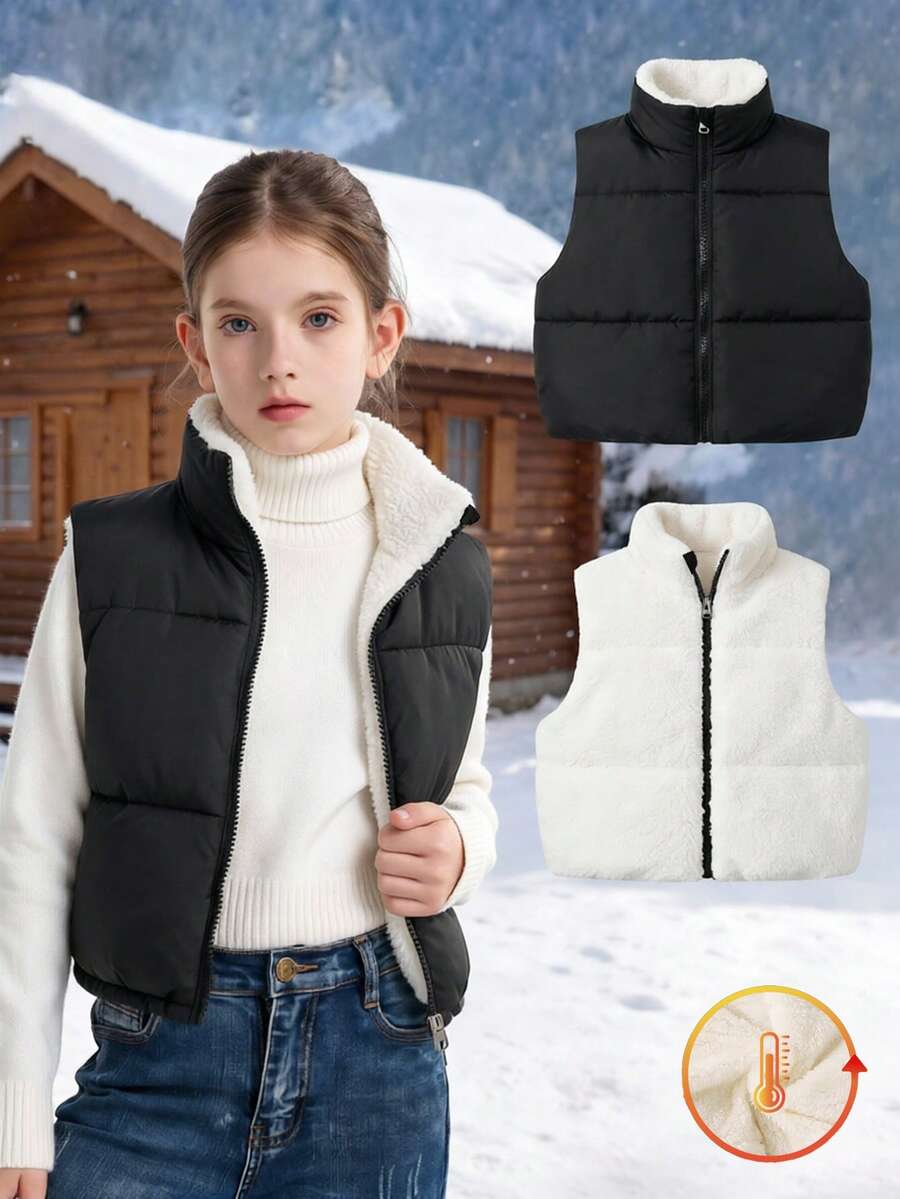 SHEIN Elladie kids 秋冬女童大童可翻面立領加厚保暖背心,一面絎縫布料一面柔軟羊羔絨,加厚保暖防風,寬鬆百搭無袖棉服背心,學生日常內搭外穿二合一背心,雪地旅行與校園防風保暖兒童棉背心 - 黑與白 - 查看 1