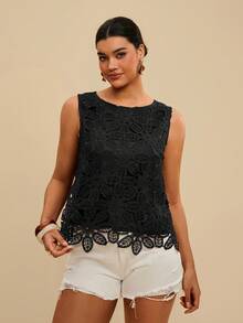 Travachic Plus Size Women's Crochet Knit Round Neck Sleeveless Casual Black Top - Vacation Summer Holiday Beach Evening Formal Valentine's Day Carnival Elegant - Black - View 3