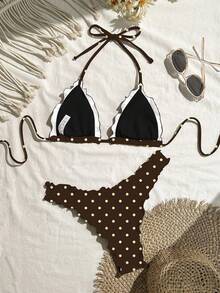 Swim Mod Conjunto de bikini sexy de unicolor con volantes de alta elasticidad para mujer para vacaciones - Café integral - Ver 2