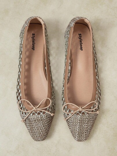 Styleloop New Fashionable Woven Breathable, Bow Decoration Low Vamp Small Square Toe Women's Flat Shoes, Casual Vacation Wear