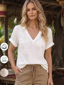 Holdful Holdful Women's Cotton Embroidered Drop Shoulder Short Sleeve White Blouse - White - View 1