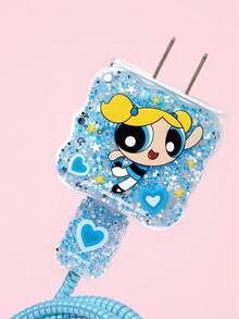 THE POWERPUFF GIRLS X SHEIN 4-Piece Mobile Phone Data Cable Protective Cover Is Suitable For IPhone Charging Cable Data Cable Protective Cover (Excluding Data Cable) - Bubbles-Blue - View 2