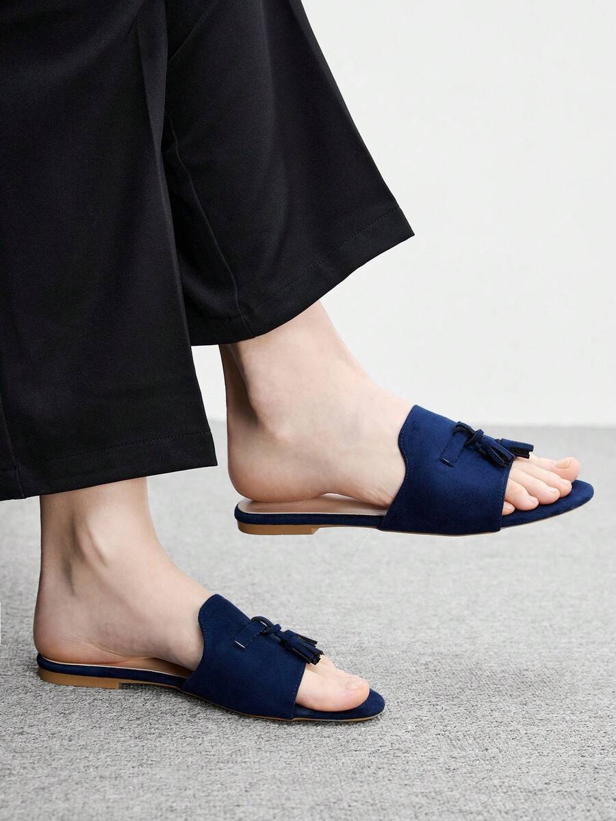 CUCCOO BIZCHIC 女款深藍色麂皮質感經典平底拖鞋,舒適百搭,適合夏季通勤與辦公穿著 - 深藍色1 - 查看 1