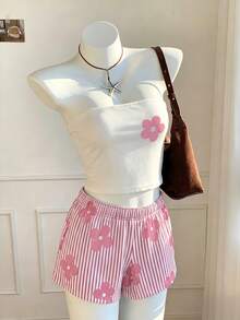 SHEIN EZwear 花卉與條紋印花上衣 + 粉色與白色條紋長褲 2 件套，休閒極簡浪漫復古，音樂節穿搭，海灘穿搭，度假穿搭，外出穿搭，女款夏季穿搭 - 彩色 - 查看 5