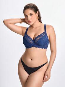 Slumbrini 1件大码女士蕾丝拼接舒适钢圈文胸 - 寶藍色 - 查看 3