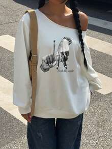 SHEIN EZwear 女款不對稱肩寬鬆長袖衛衣，休閒極簡復古龐克 Y2K 百搭，適合派對、音樂節、哥德風、夏季 - 白色 - 查看 4