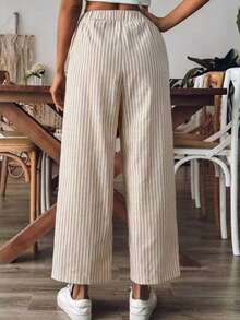 Breezaya Plus Size Women's Loose Casual Linen Striped Pants With Pockets Fall - Multicolor - View 2