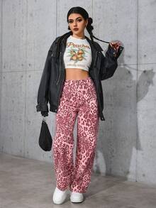 SHEIN PETITE 女款豹紋印花口袋寬腿寬鬆休閒牛仔褲 - 粉色 - 查看 4