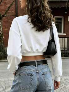 Rovax Loose Fit Cropped Crew Neck Drop Shoulder Long Sleeve Top - White - View 2