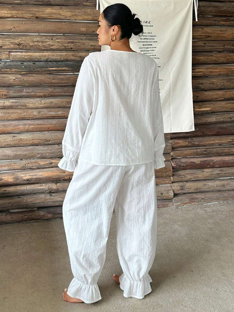 Dazy Plus Patchwork Ruffle Elegant Long Sleeve Top & Flare Pants Loungewear Pajama Set, White, Spring/Summer/Autumn