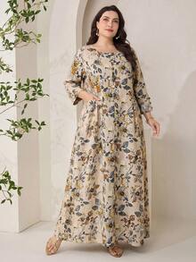 Veilorie Plus Size Women's Floral Print Round Neck 3/4 Sleeve Casual Vacation Dress - Multicolor - View 4