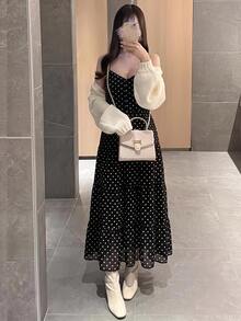 Bijouette 大尺碼女款波點簡約可愛甜美風休閒優雅度假細肩帶洋裝，適合約會與約會之夜，滿版黑白配色夏季款 - 黑與白 - 查看 16