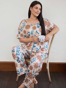 Doze Lane Plus Size Casual Printed V-Neck Short Sleeve Long Pants Pajama Set White Summer - Multicolor - View 6