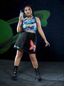 Rick and Morty X SHEIN Talla grande Falda con estampado de mariposa con botón delantero - Negro - Ver 4