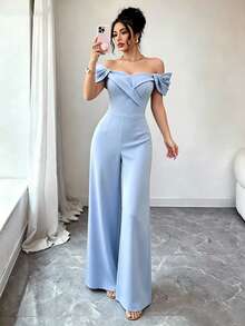 Elenzga Women's Light Blue Strapless Off-Shoulder Asymmetrical Design Pleated Cinched Waist Straight Leg Wide Leg Elegant Commute Vacation Sexy Jumpsuit, Spring/Summer - Blue - View 1
