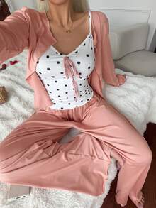 DAZY 女款波點印花細肩帶長袖上衣與長褲睡衣套裝 - 粉色 - 查看 4