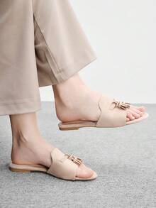CUCCOO BIZCHIC 女款杏色麂皮紋理經典平底拖鞋，舒適百搭，適合夏季通勤辦公穿著 - 杏色2 - 查看 5