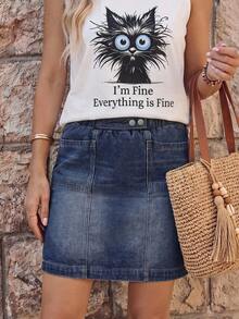 EMERY ROSE Women Casual Cotton Denim Straight Mini Skirt With Pockets, Versatile - Blue - View 3