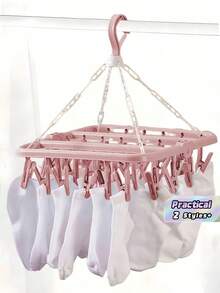 1pc Rotating 32 Clip Plastic Foldable Drying Rack Space Saving Laundry Hanger For Socks Underwear Small Clothes Bedroom Bathroom Wardrobe Dorm Laundry Room Storage Organizer - Multicolor - View 1